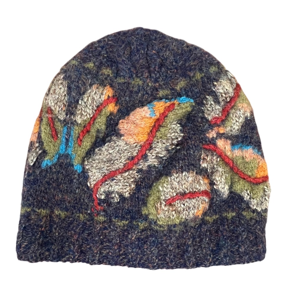 Handmade Wool Blend Fleece Lined Beanie Navy Blue Abstract Leaf Knit Hat